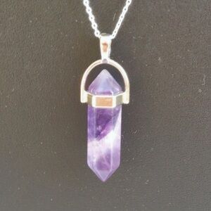 Genuine gemstone amethyst natural crystal pendant necklace 18 inch silver chain